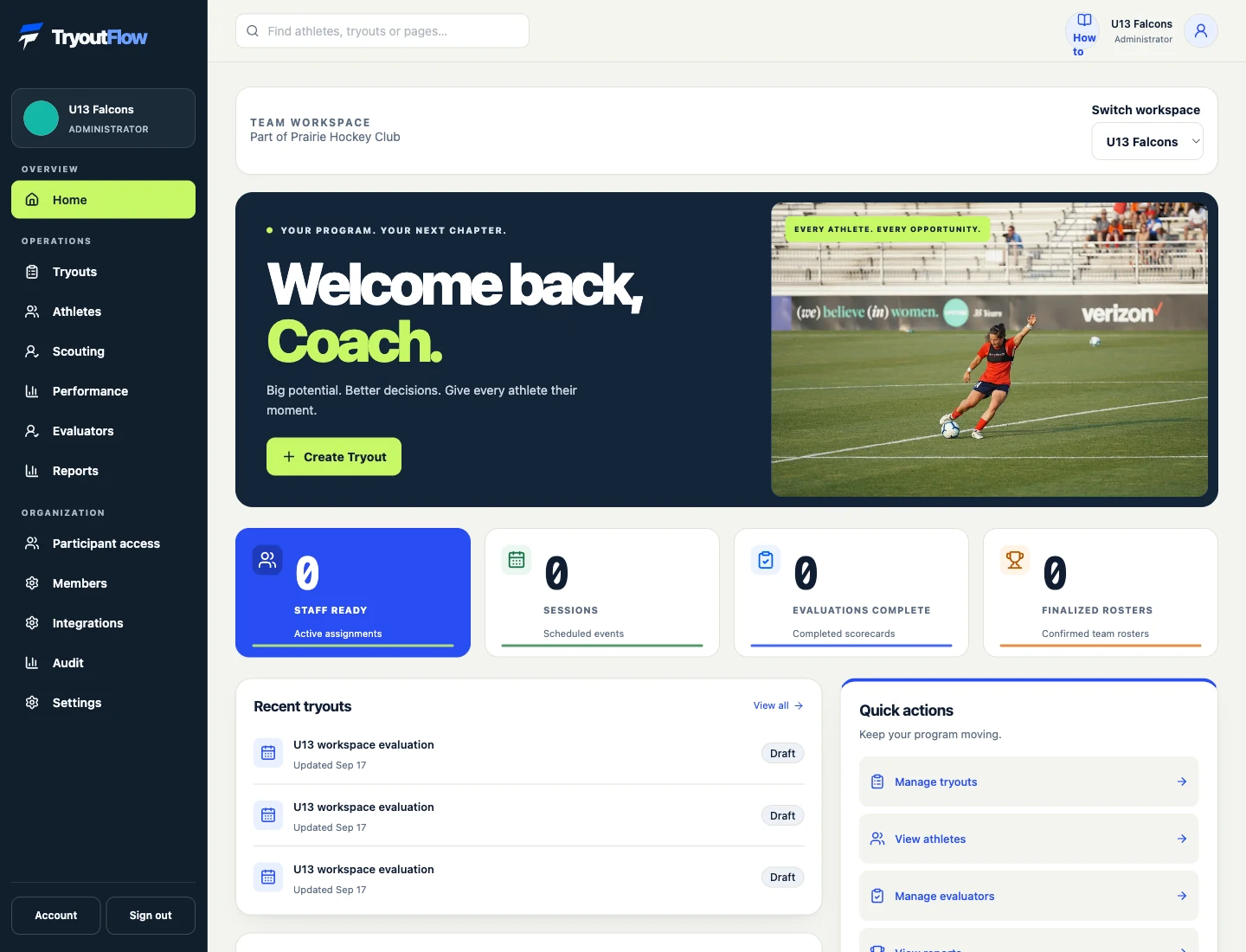 Check the coach’s workspace access: the actual TryoutFlow screen using fictional demonstration data.