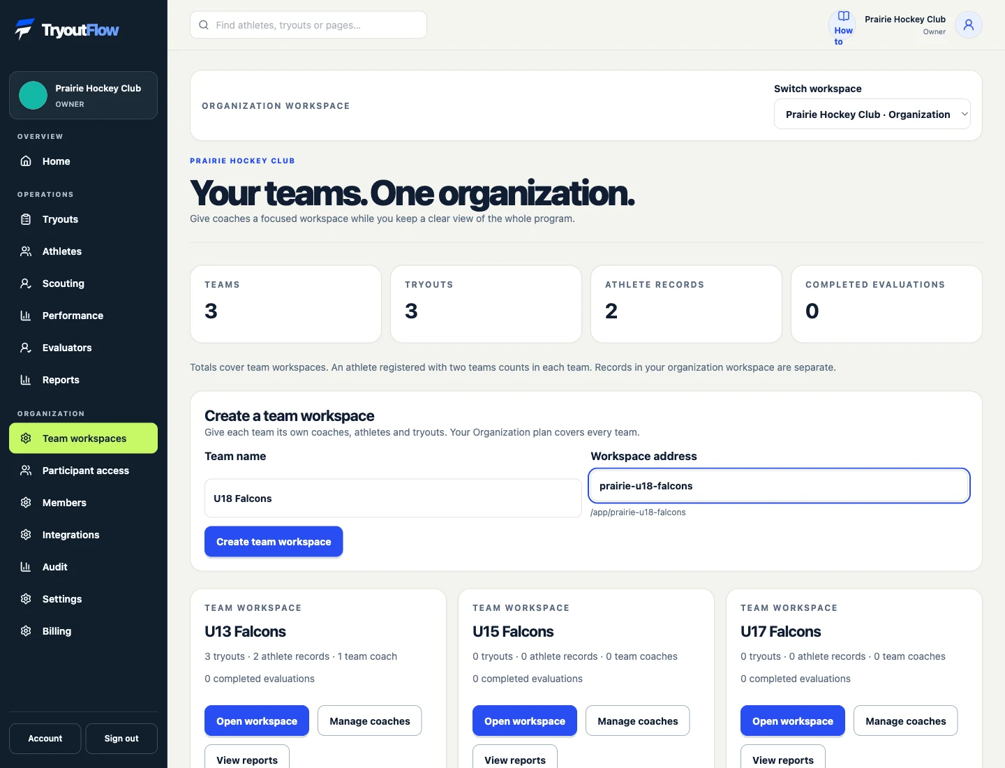 Create a separate workspace for a team: the actual TryoutFlow screen using fictional demonstration data.