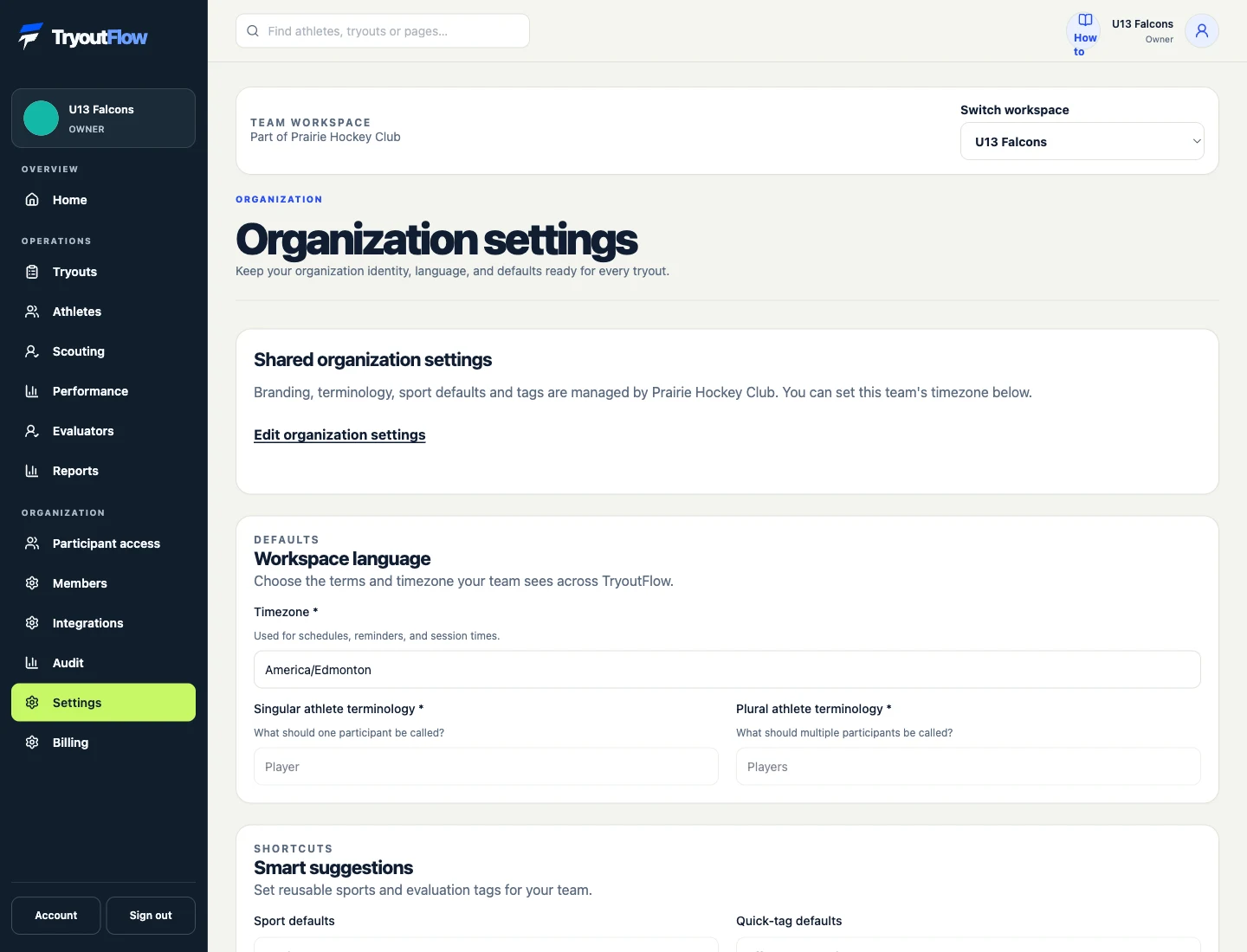 Review a team’s inherited settings: the actual TryoutFlow screen using fictional demonstration data.