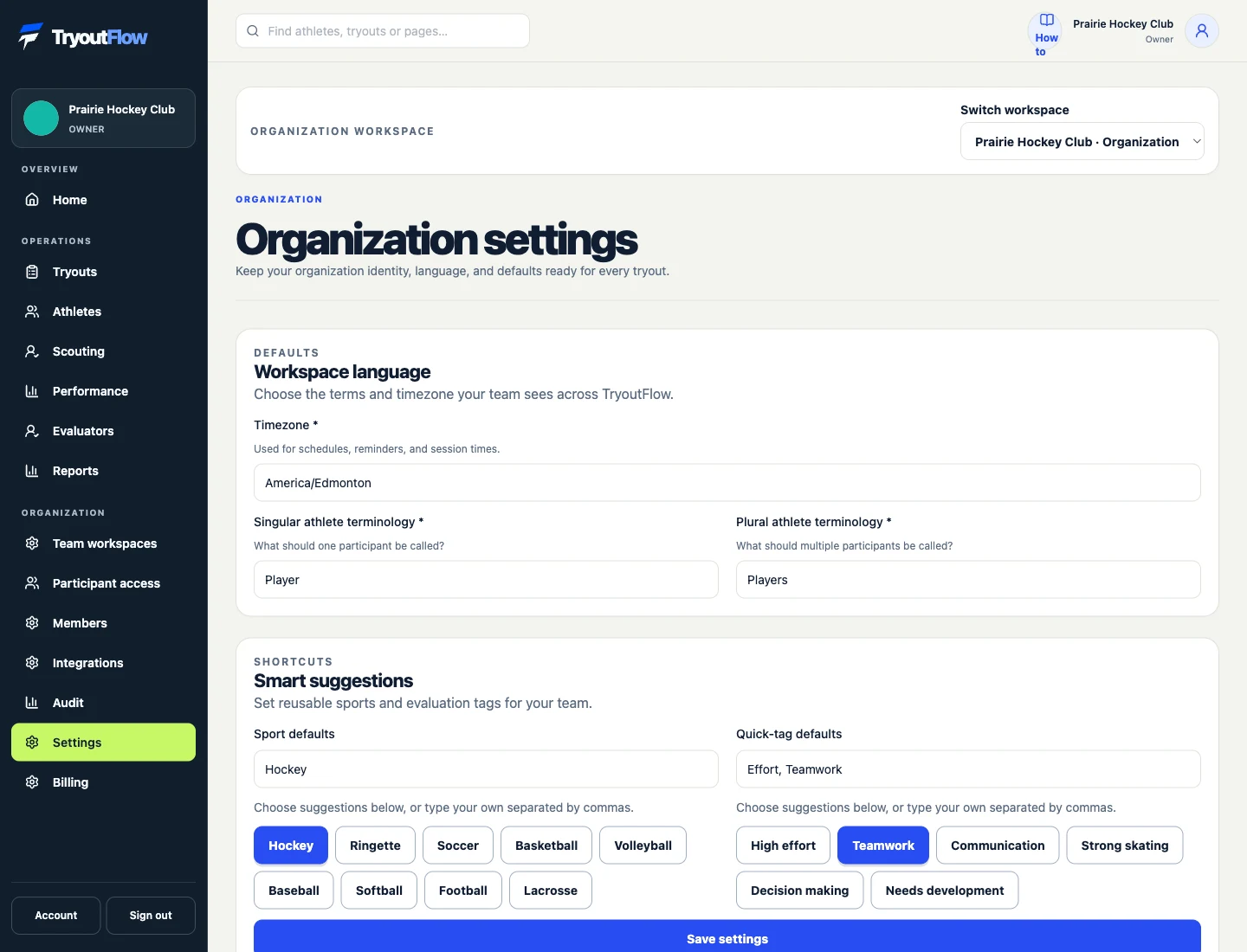 Maintain shared branding and defaults: the actual TryoutFlow screen using fictional demonstration data.