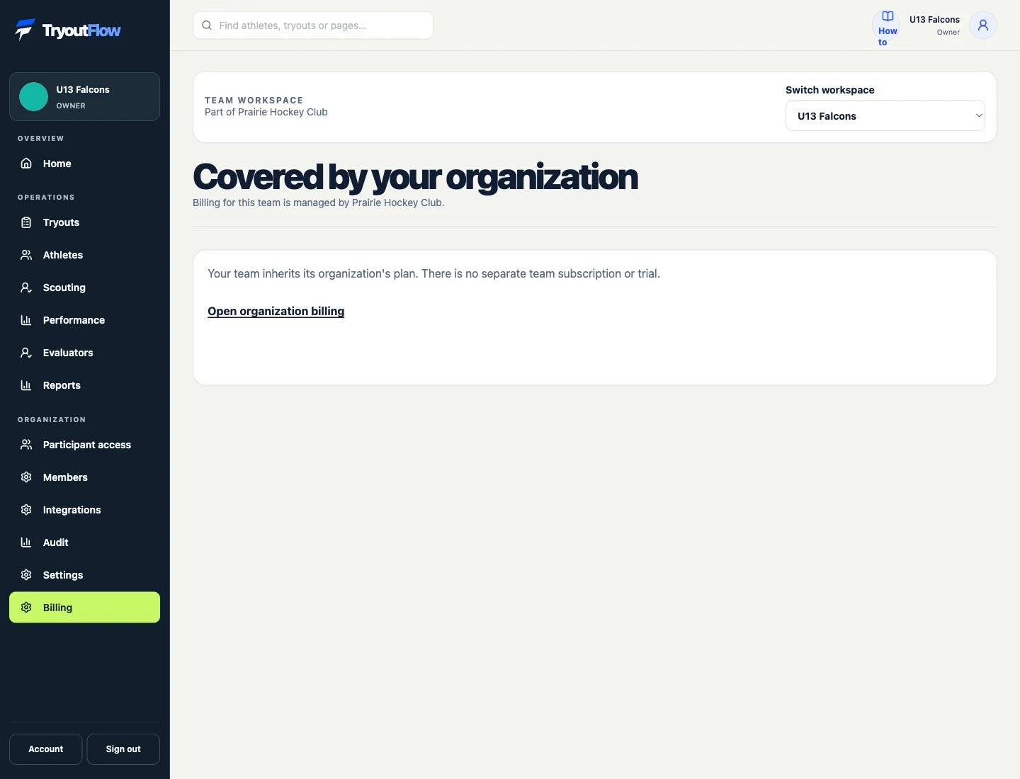 Keep billing with the organization owner: the actual TryoutFlow screen using fictional demonstration data.
