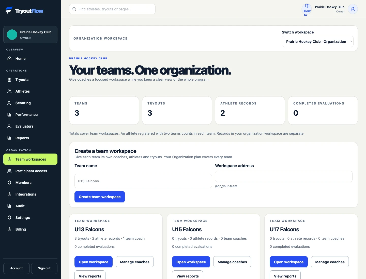 Open your organization’s team directory: the actual TryoutFlow screen using fictional demonstration data.