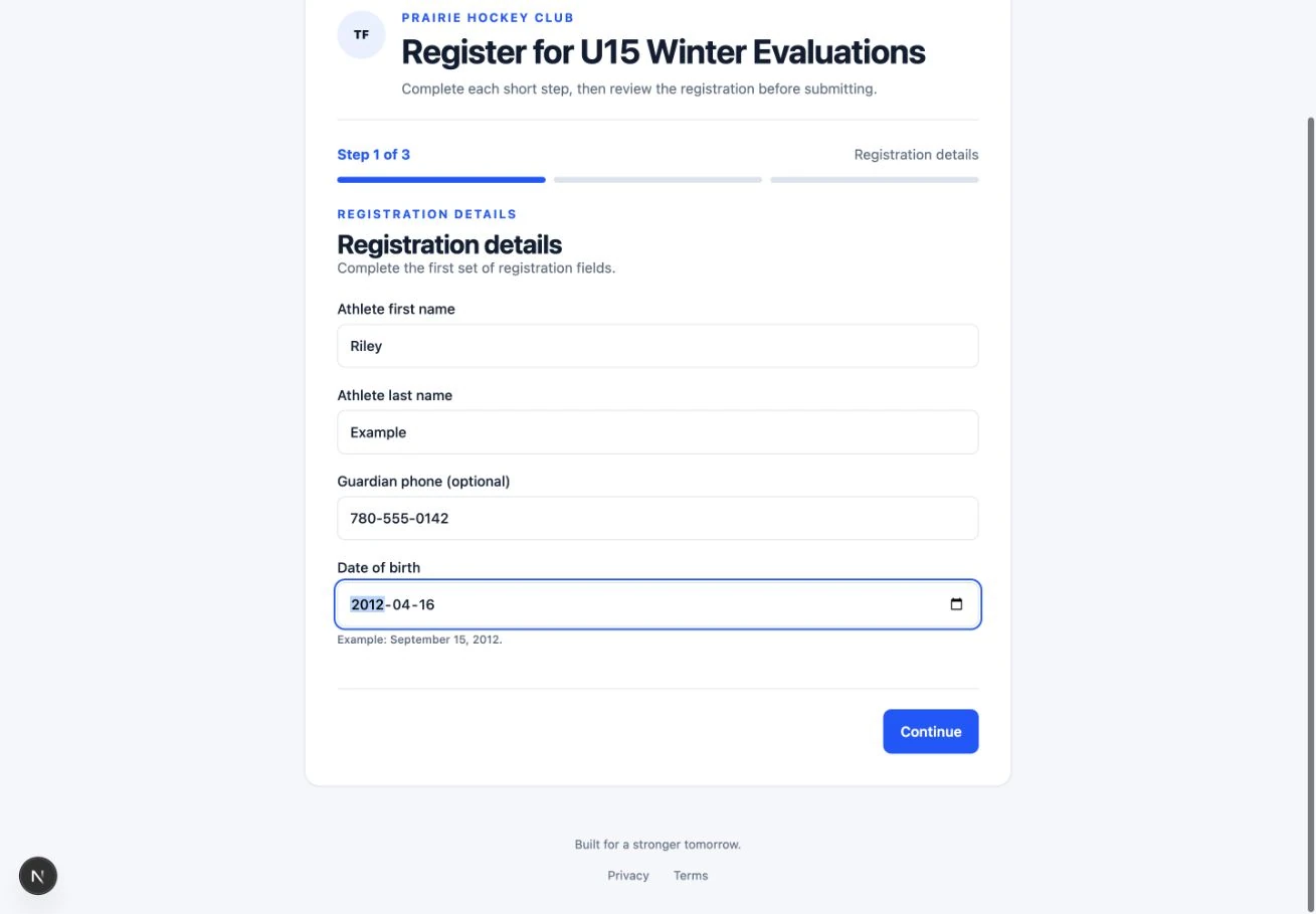 Enter the athlete’s details: the actual TryoutFlow screen using fictional demonstration data.