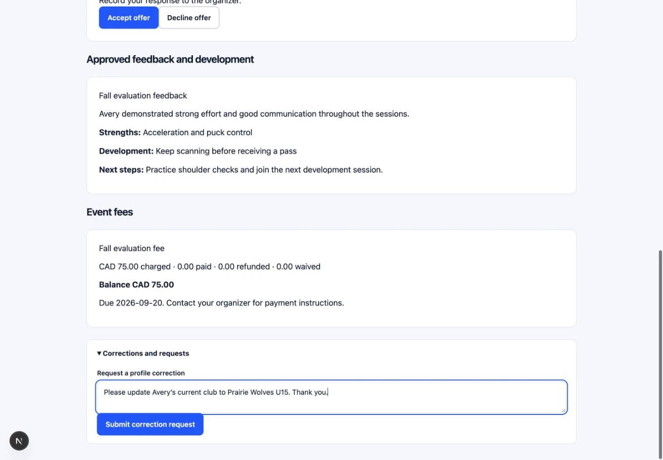 Request a correction to athlete information: the actual TryoutFlow screen using fictional demonstration data.
