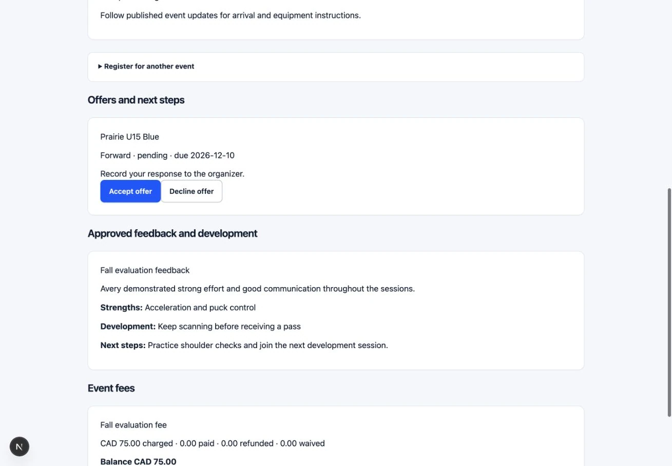 Read approved feedback and development advice: the actual TryoutFlow screen using fictional demonstration data.