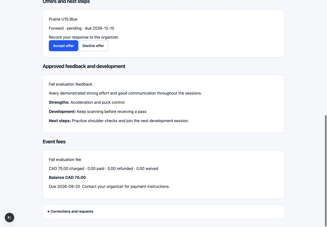 Review any recorded event fees: the actual TryoutFlow screen using fictional demonstration data.