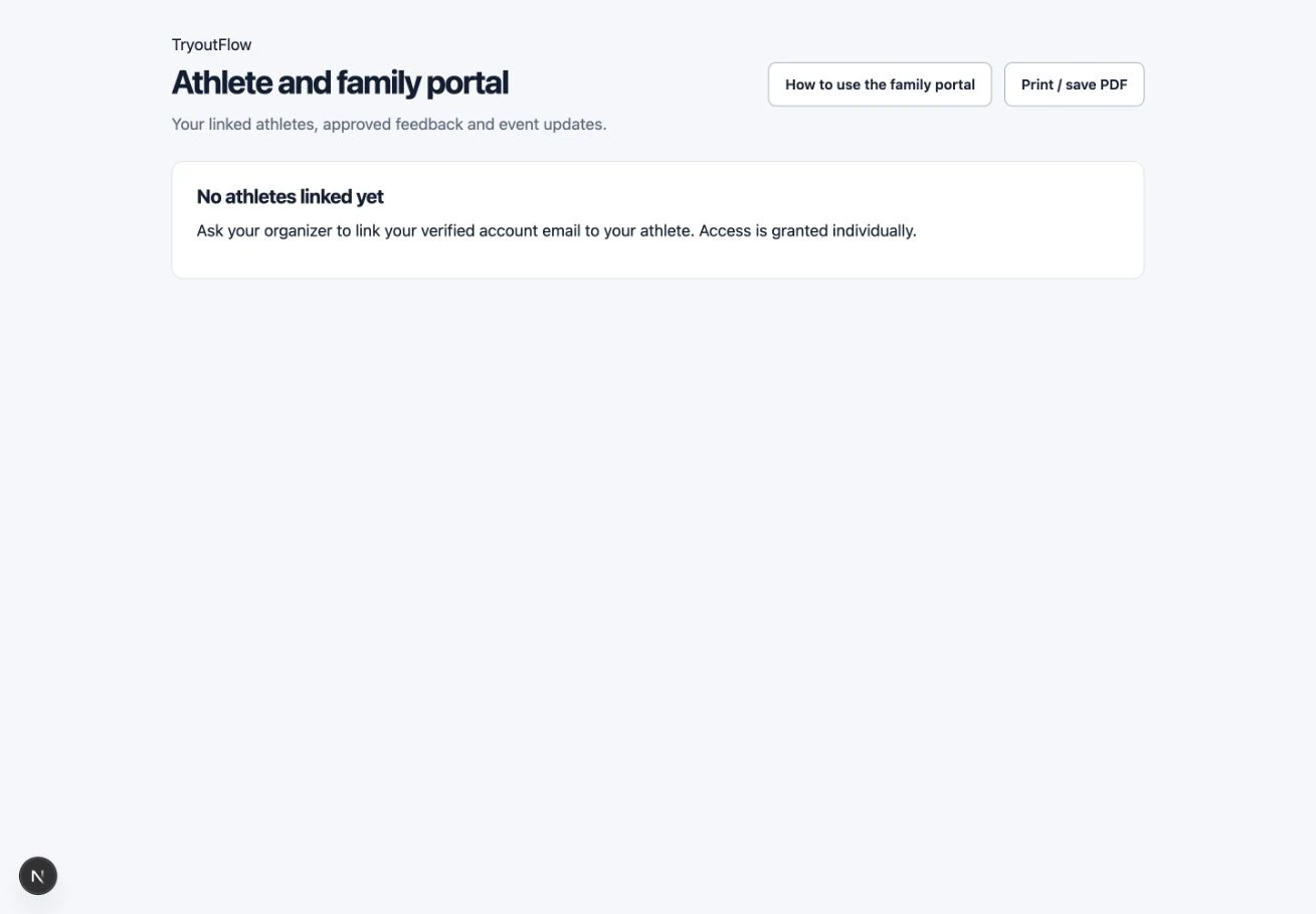 Ask the organizer to link your athlete: the actual TryoutFlow screen using fictional demonstration data.