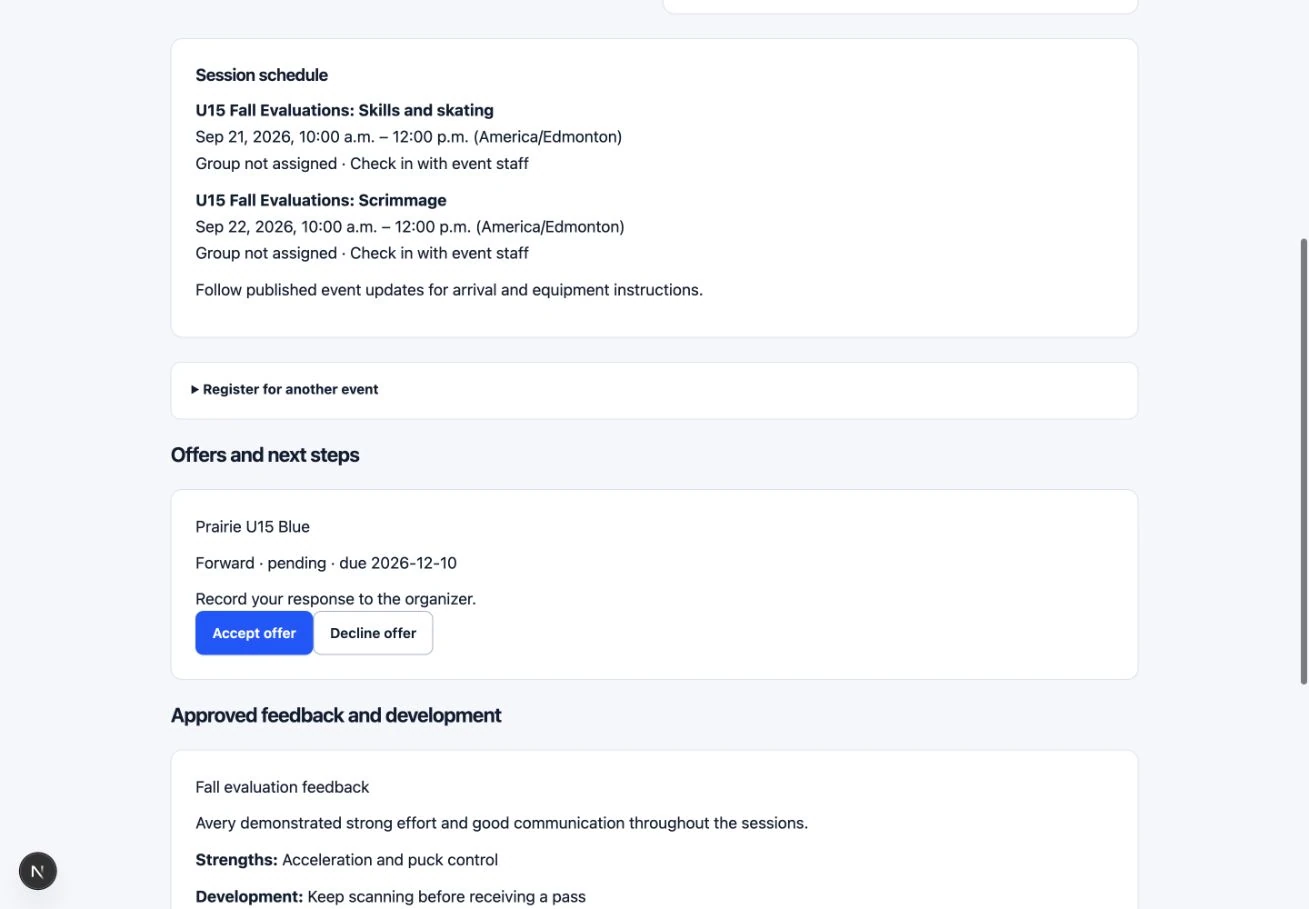 Review and respond to an offer: the actual TryoutFlow screen using fictional demonstration data.
