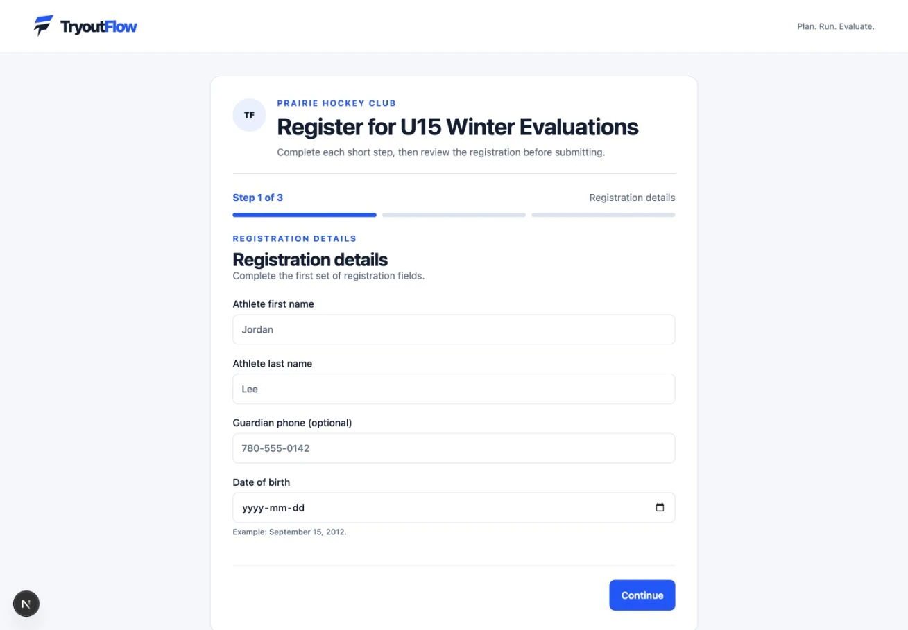 Open the organizer’s registration link: the actual TryoutFlow screen using fictional demonstration data.