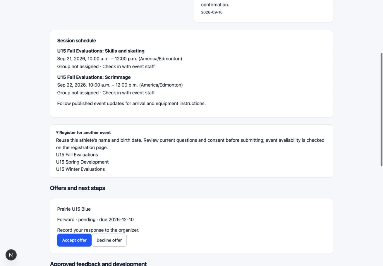 Register for another event: the actual TryoutFlow screen using fictional demonstration data.