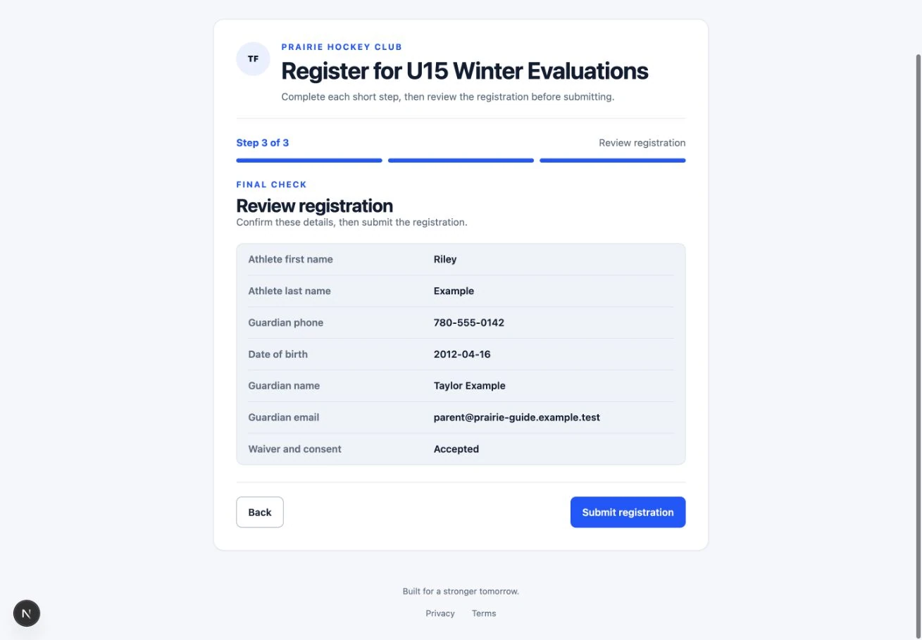 Review everything before submitting: the actual TryoutFlow screen using fictional demonstration data.