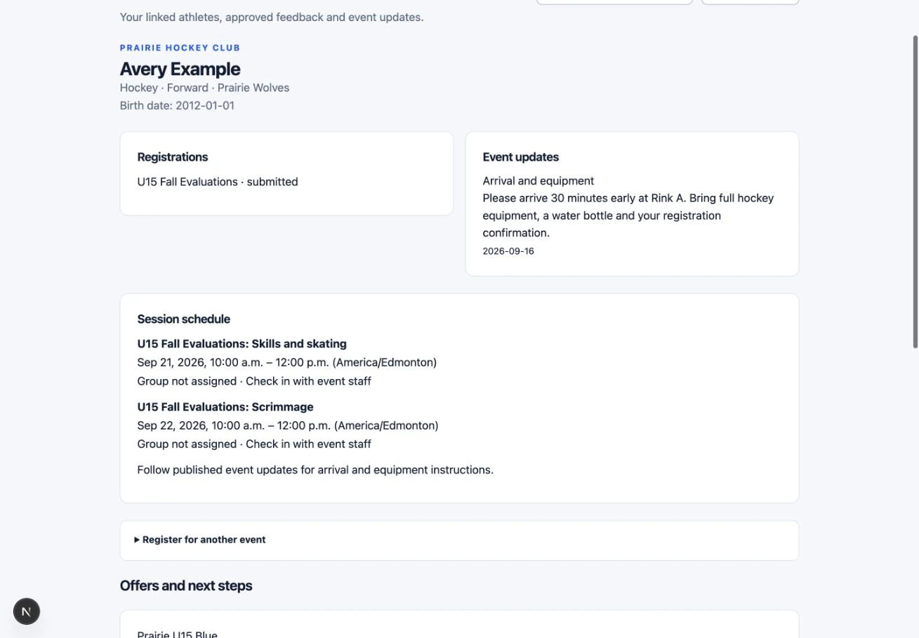 Read the schedule and event updates: the actual TryoutFlow screen using fictional demonstration data.