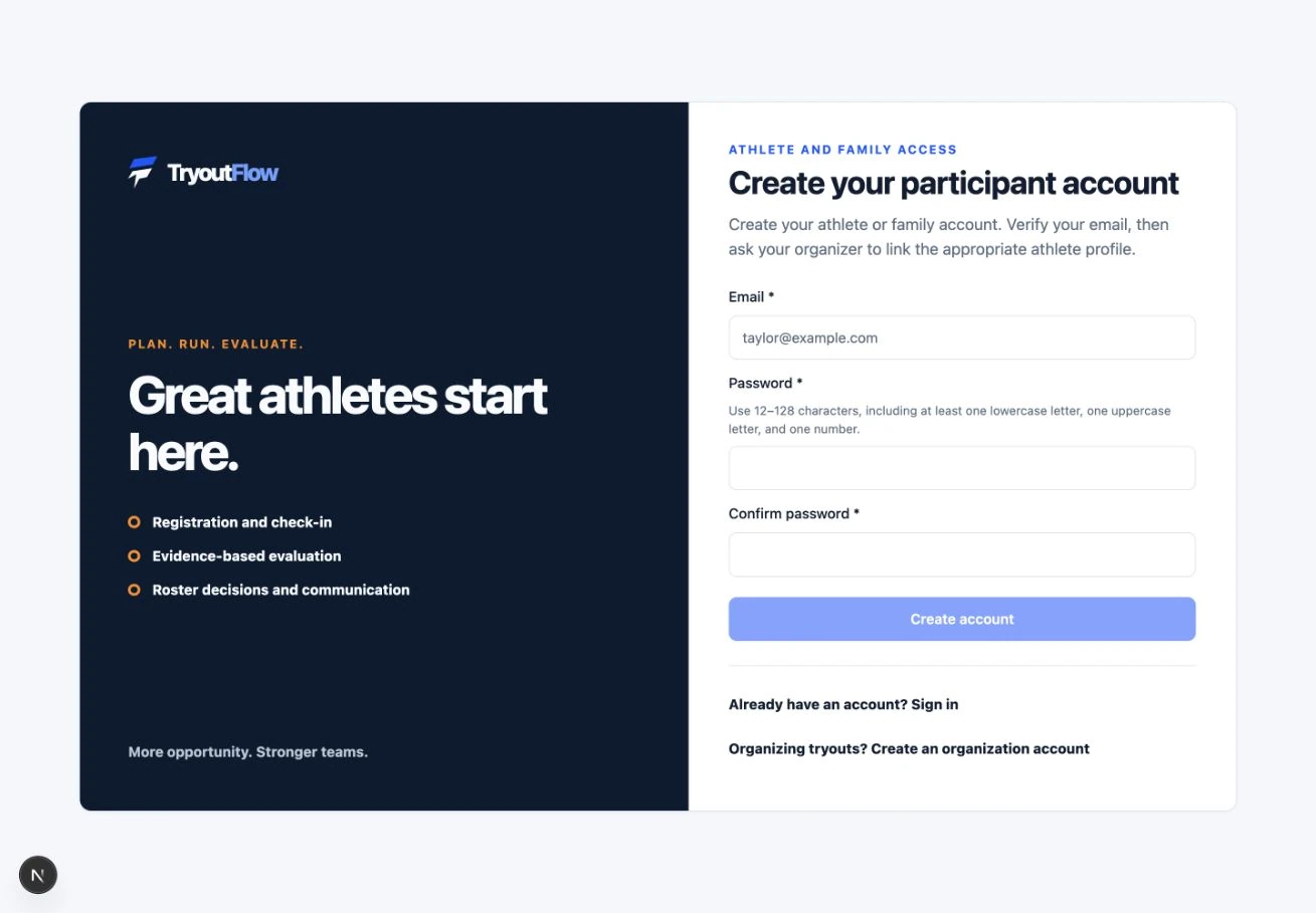 Create a participant account: the actual TryoutFlow screen using fictional demonstration data.