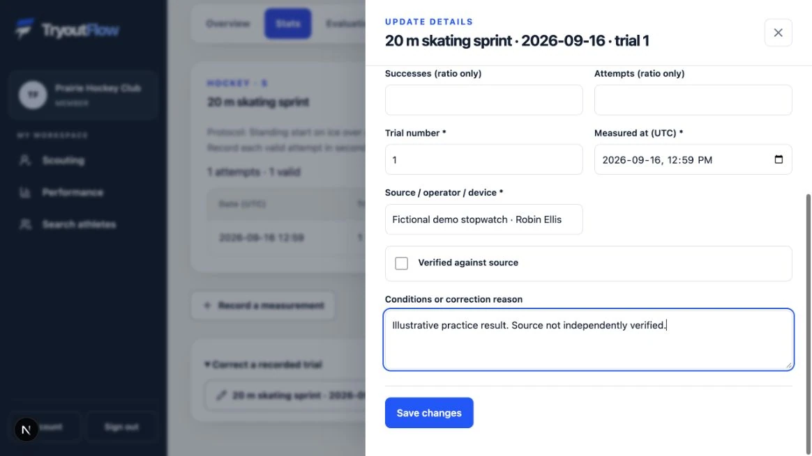 Review trials and correct a recorded measurement: the actual TryoutFlow screen using fictional demonstration data.