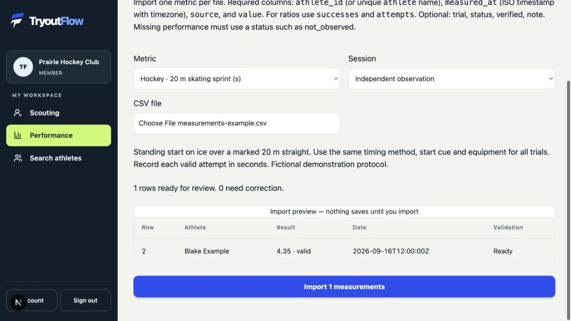 Review the import before saving: the actual TryoutFlow screen using fictional demonstration data.