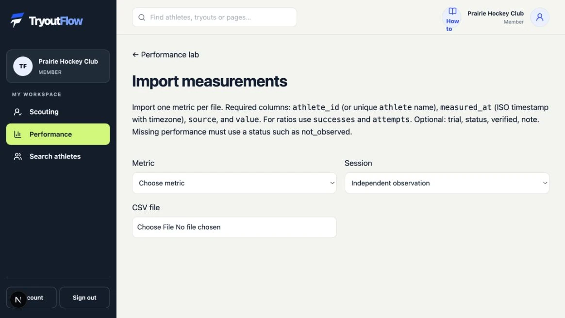 Prepare a measurement CSV: the actual TryoutFlow screen using fictional demonstration data.