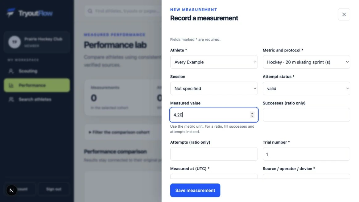 Enter the athlete, metric and attempt result: the actual TryoutFlow screen using fictional demonstration data.