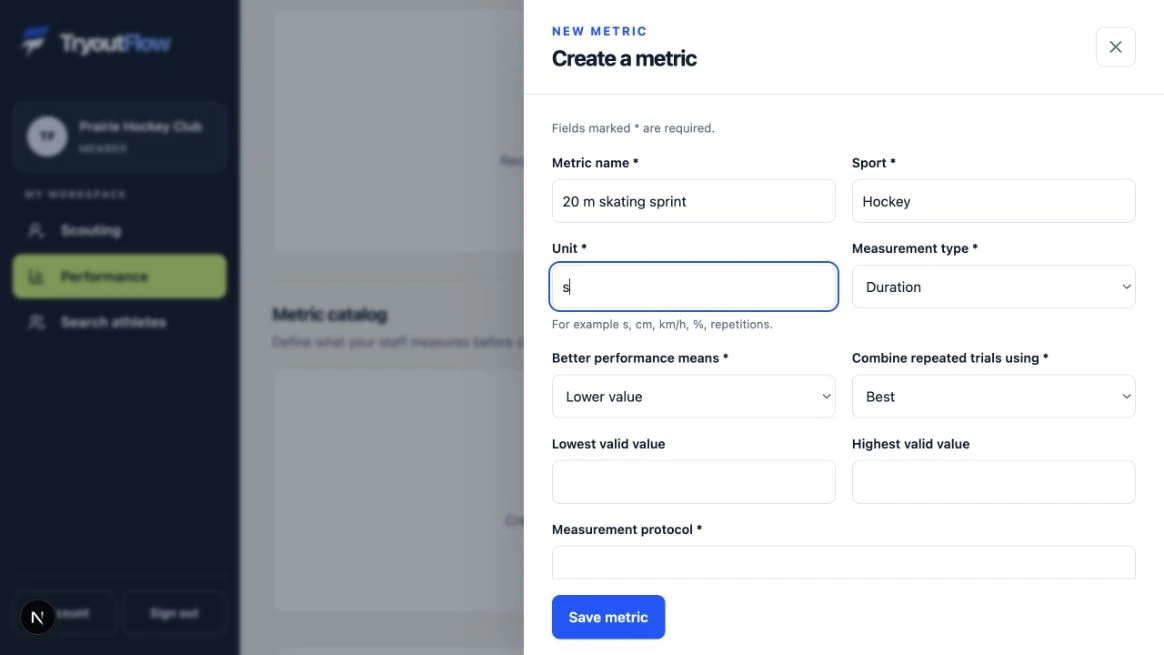 Define the metric, units and scoring direction: the actual TryoutFlow screen using fictional demonstration data.