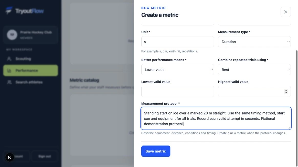 Document the protocol and save the metric: the actual TryoutFlow screen using fictional demonstration data.