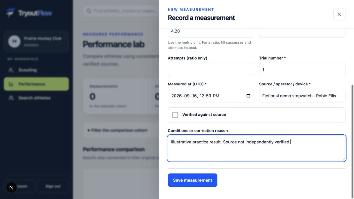 Record the source and confirm the save: the actual TryoutFlow screen using fictional demonstration data.