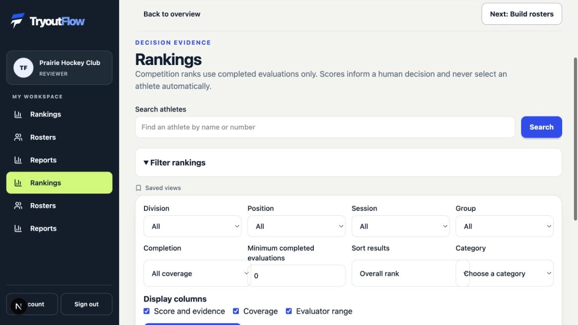 Select the correct ranking filters: the actual TryoutFlow screen using fictional demonstration data.