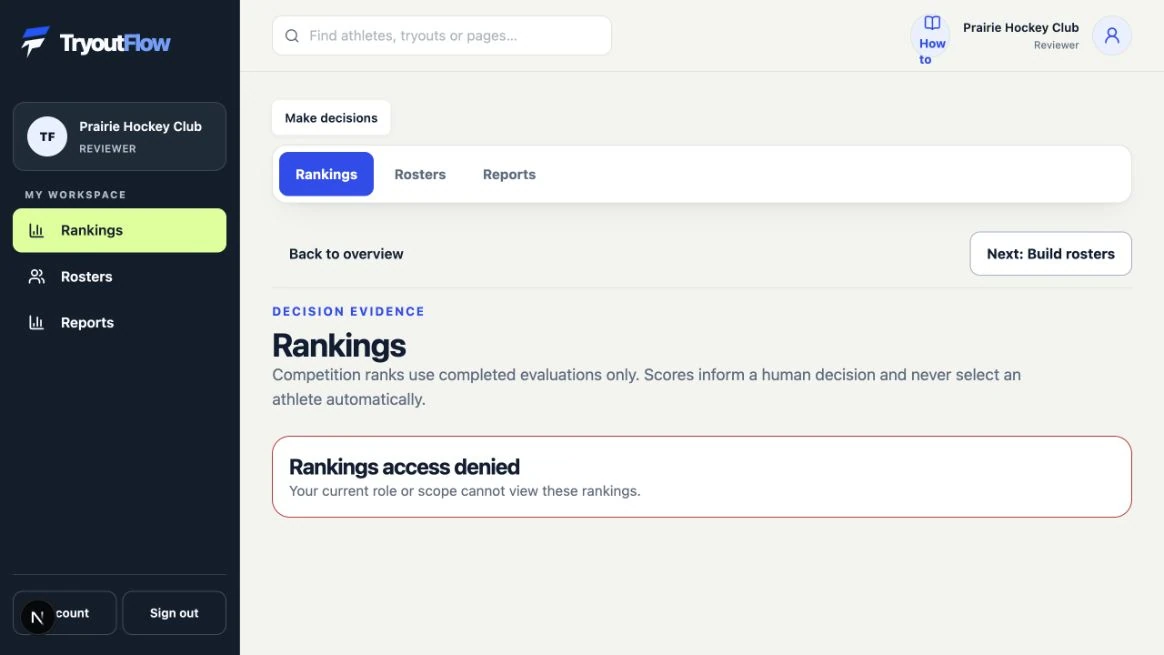 Understand why rankings may not be available yet: the actual TryoutFlow screen using fictional demonstration data.