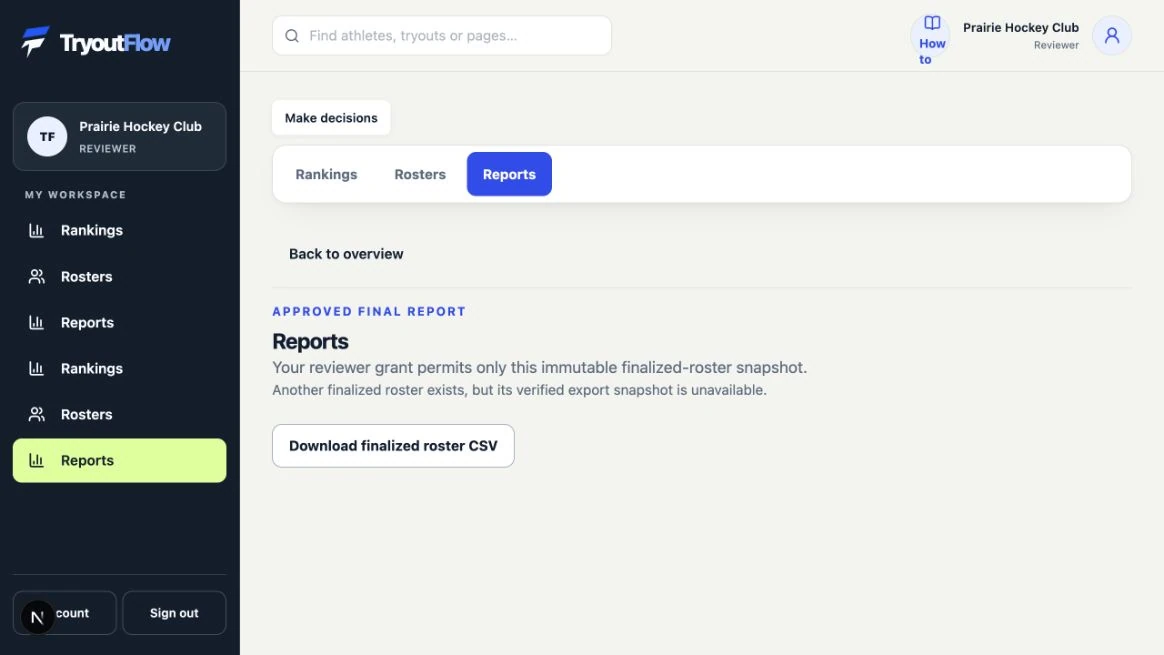 Open the approved final report: the actual TryoutFlow screen using fictional demonstration data.