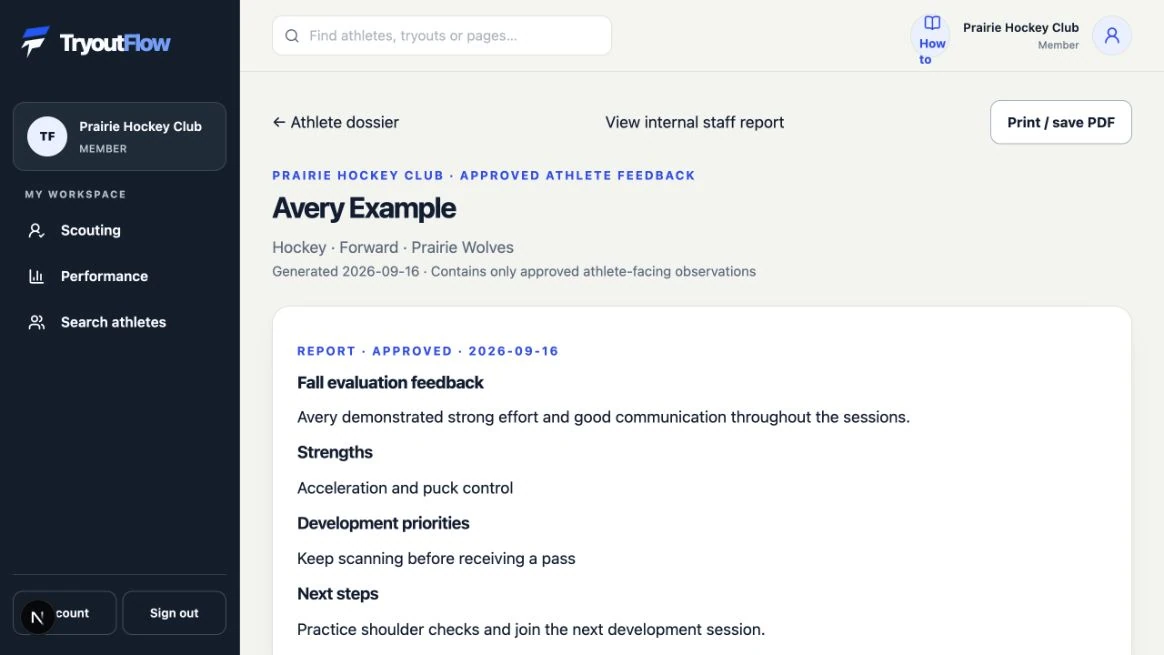 Prepare the correct athlete or staff report: the actual TryoutFlow screen using fictional demonstration data.