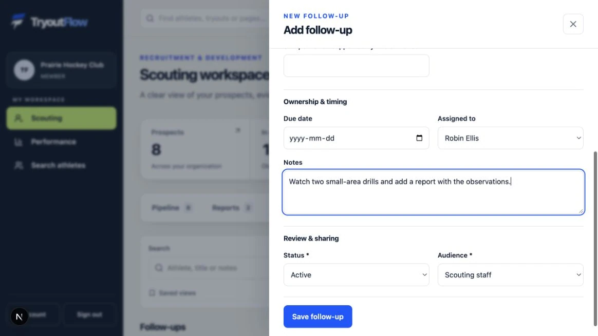 Assign a specific follow-up: the actual TryoutFlow screen using fictional demonstration data.