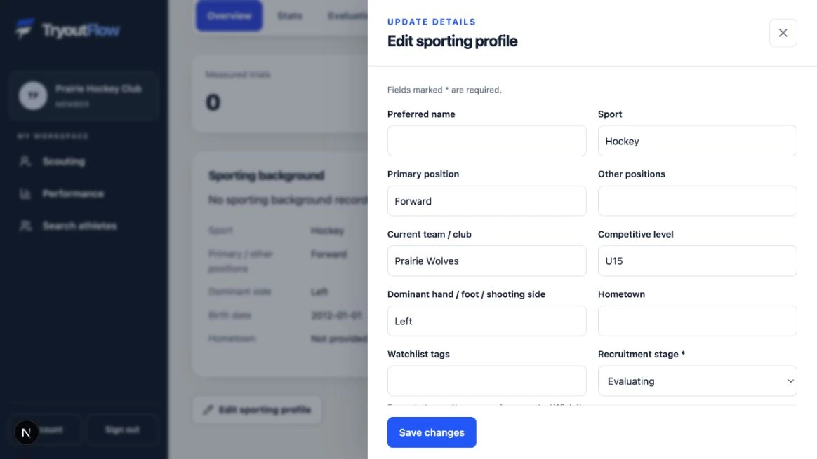 Review and complete the sporting profile: the actual TryoutFlow screen using fictional demonstration data.