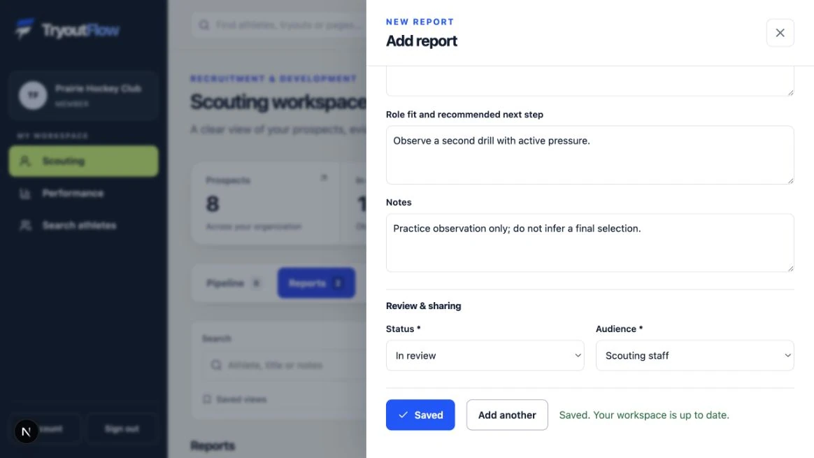 Save and verify the report: the actual TryoutFlow screen using fictional demonstration data.