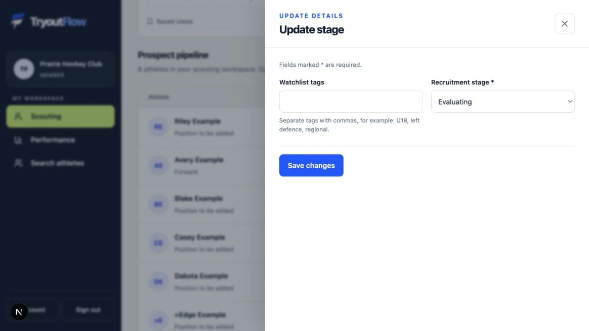 Update recruitment stage and tags: the actual TryoutFlow screen using fictional demonstration data.