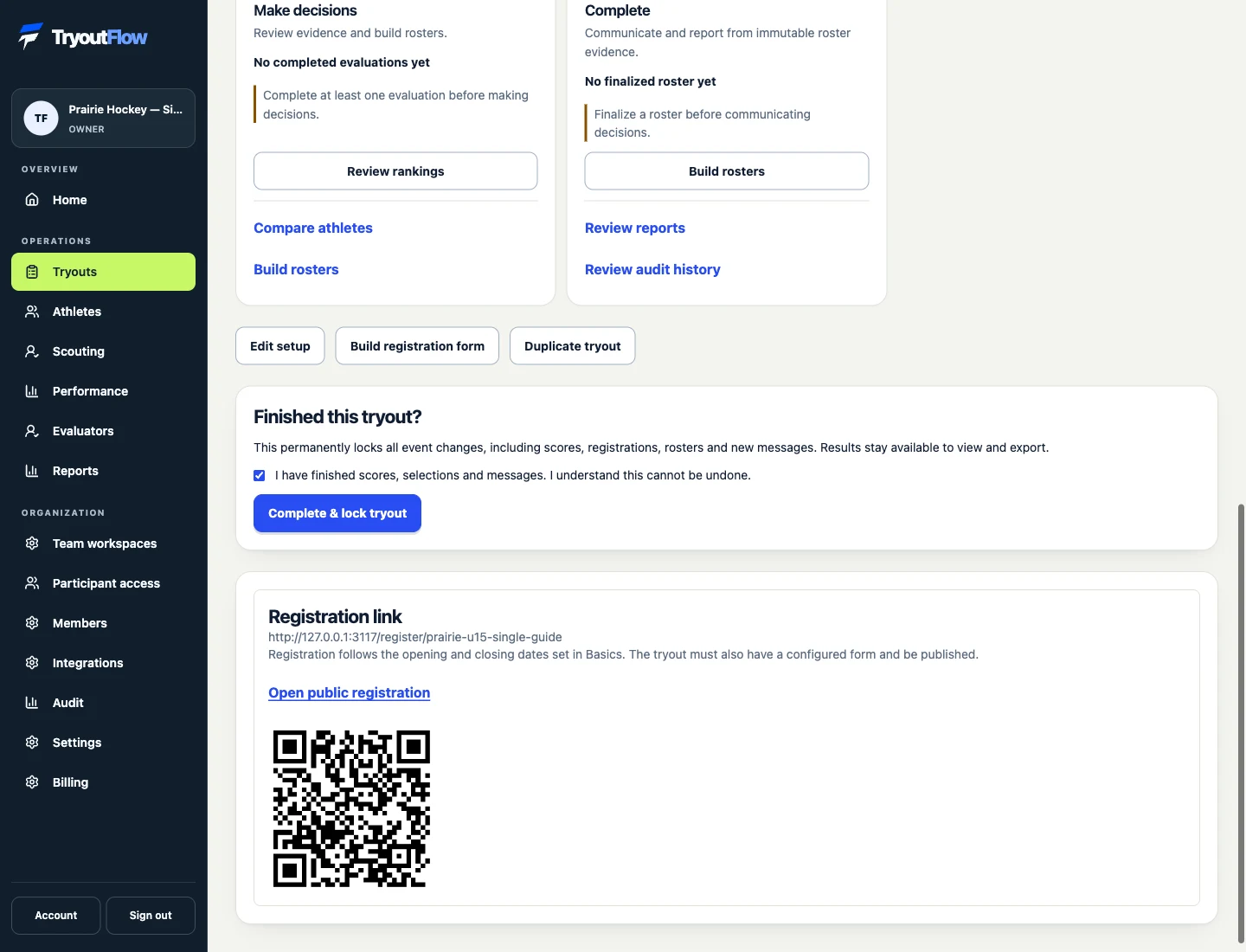 Confirm Complete & lock only when finished: the actual TryoutFlow screen using fictional demonstration data.