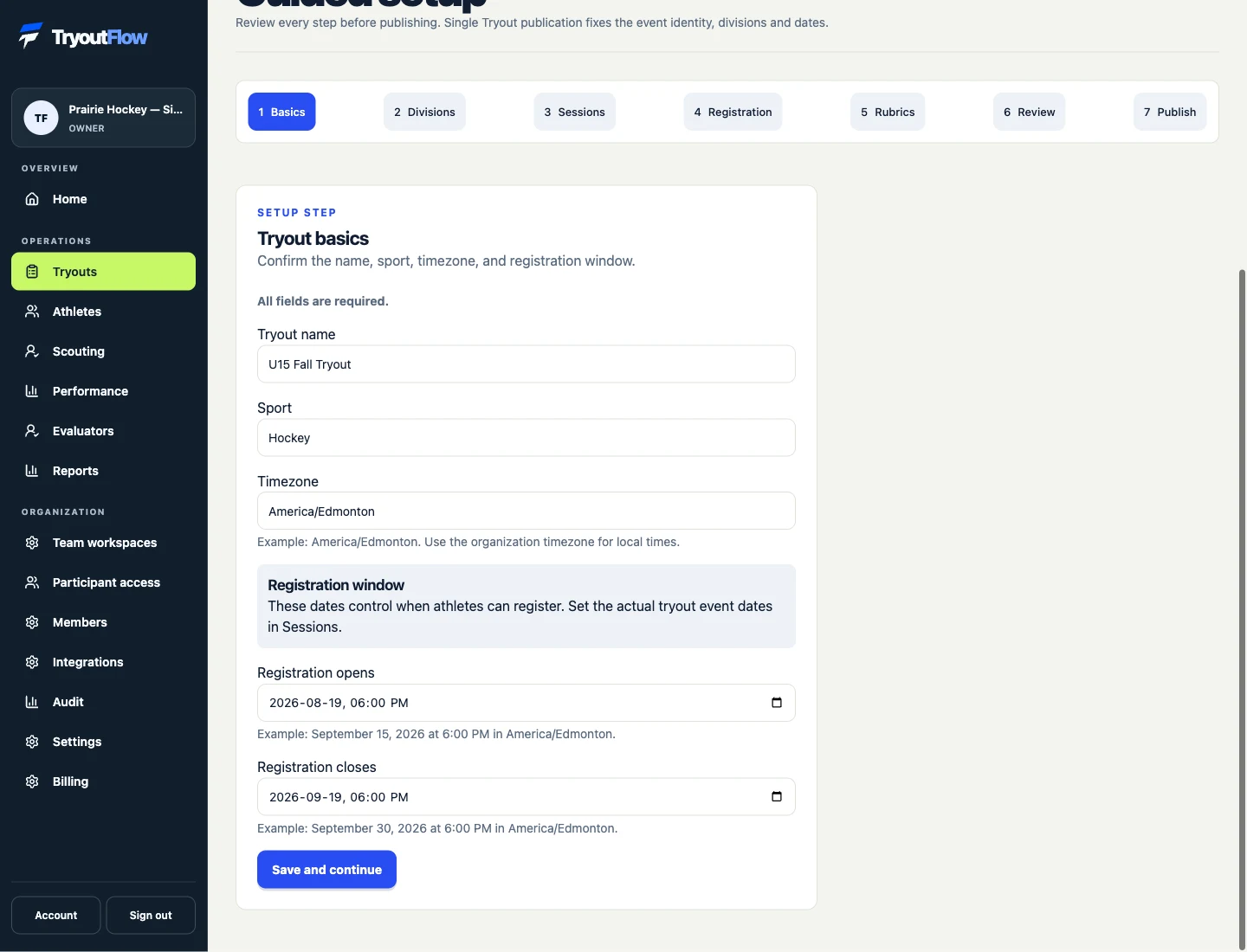 Finalize the draft’s identity and registration dates: the actual TryoutFlow screen using fictional demonstration data.