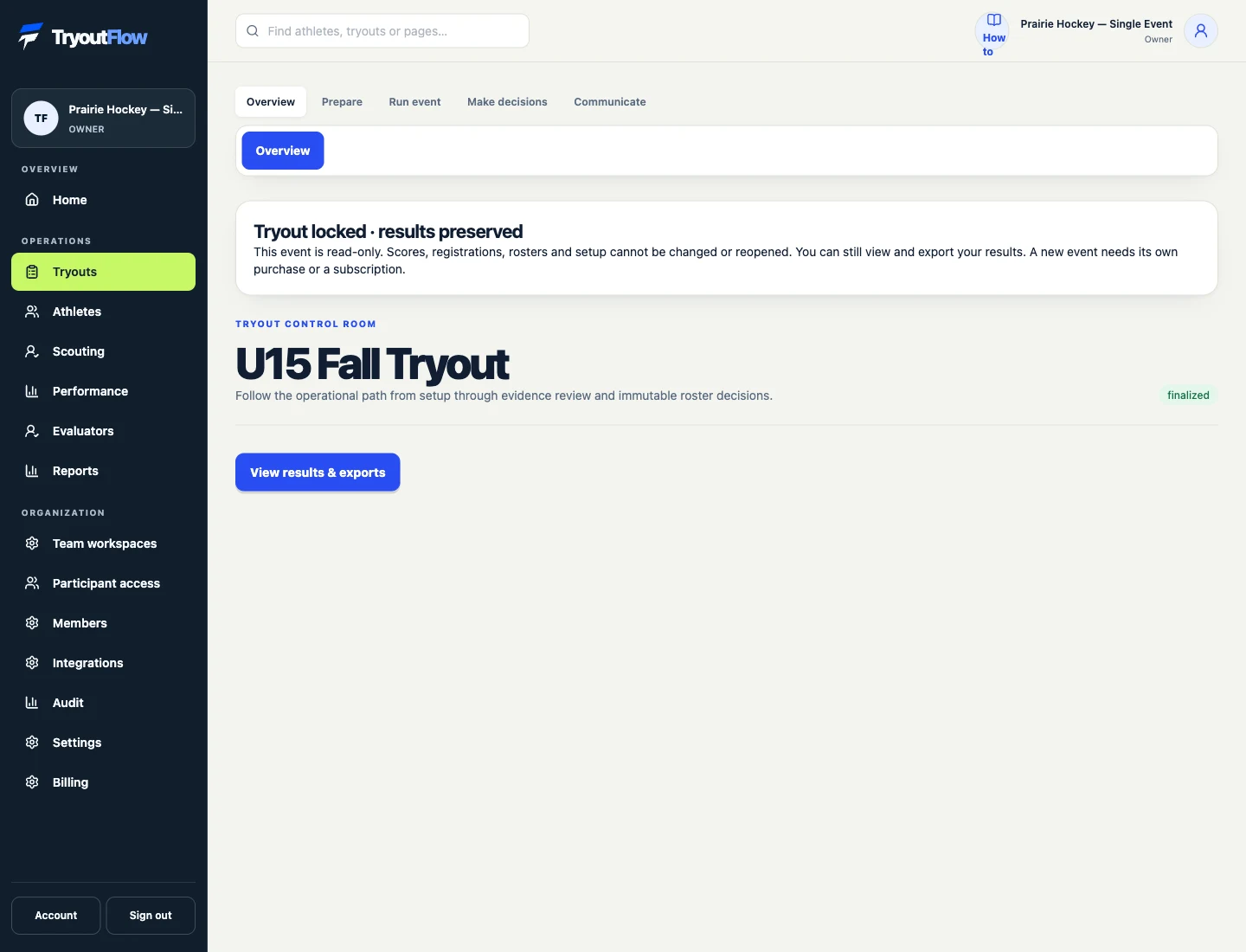 Recognize the permanent read-only state: the actual TryoutFlow screen using fictional demonstration data.