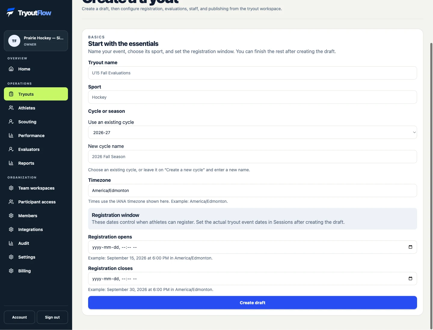 Create a new event for the next tryout: the actual TryoutFlow screen using fictional demonstration data.