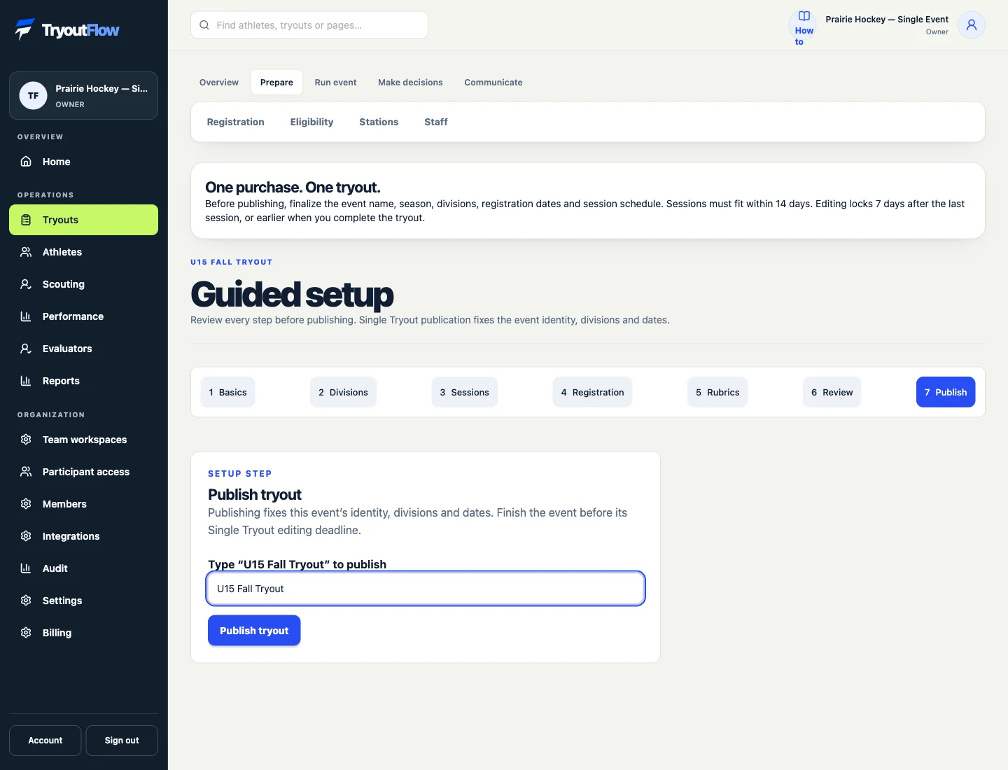 Review once more, then publish: the actual TryoutFlow screen using fictional demonstration data.