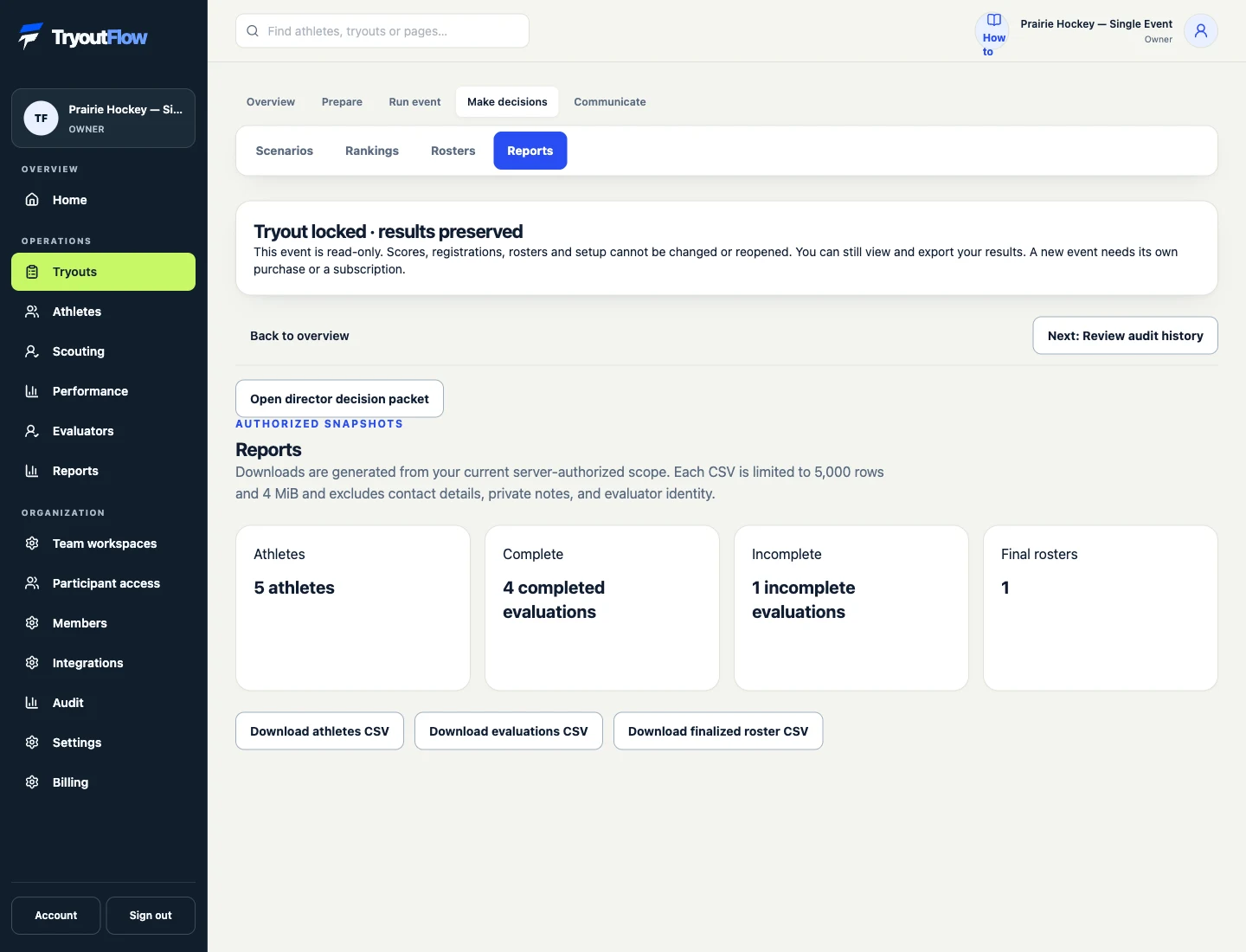 Read and export the completed results: the actual TryoutFlow screen using fictional demonstration data.