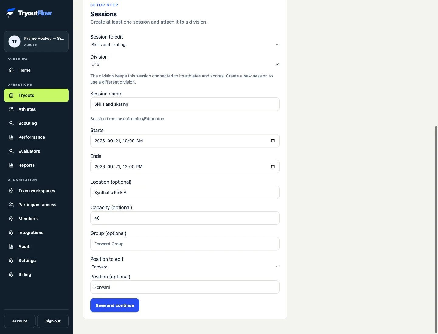 Keep all sessions inside the event window: the actual TryoutFlow screen using fictional demonstration data.