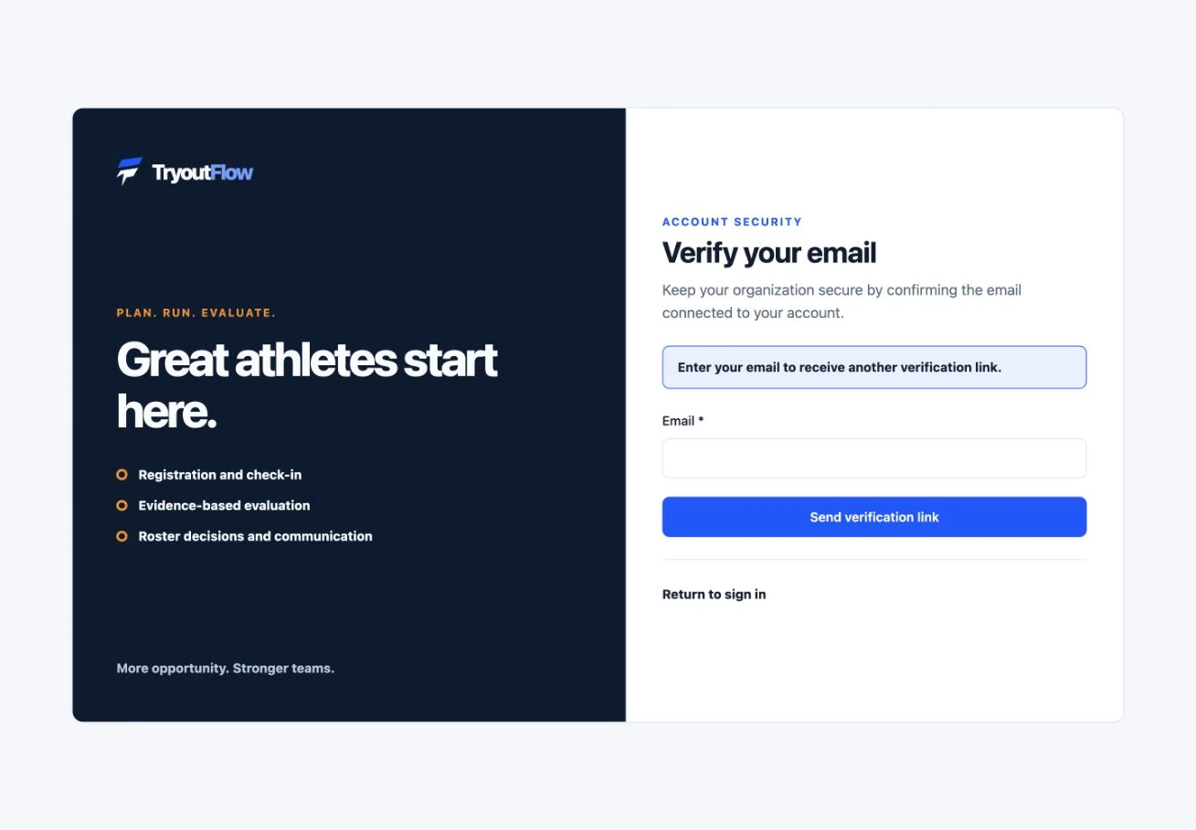 Verify your email and sign in: the actual TryoutFlow screen using fictional demonstration data.